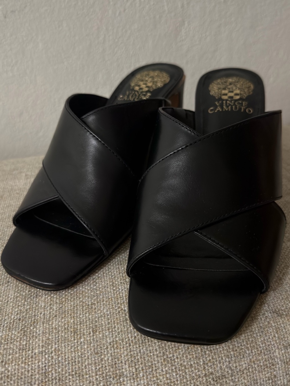 Vince Camuto Black Leather Crisscross Block Heel Mules